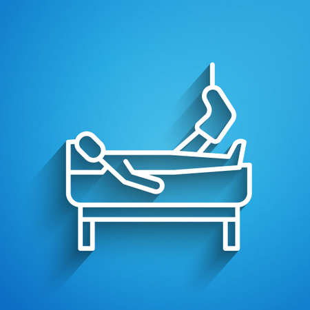 White line Patient with broken leg is in the hospital icon isolated on blue background. Hospitalization of the patient. Sick man in bed. Long shadow. Vectorのイラスト素材