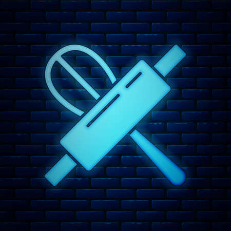 Glowing neon Kitchen whisk and rolling pin icon isolated on brick wall background. Cooking utensil, egg beater. Cutlery sign. Food mix symbol. Vectorのイラスト素材