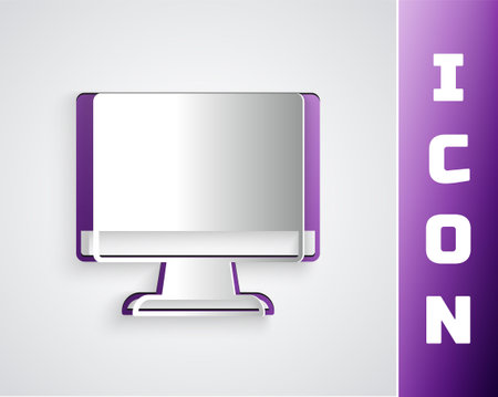 Paper cut Computer monitor screen icon isolated on grey background. Electronic device. Front view. Paper art style. Vectorのイラスト素材