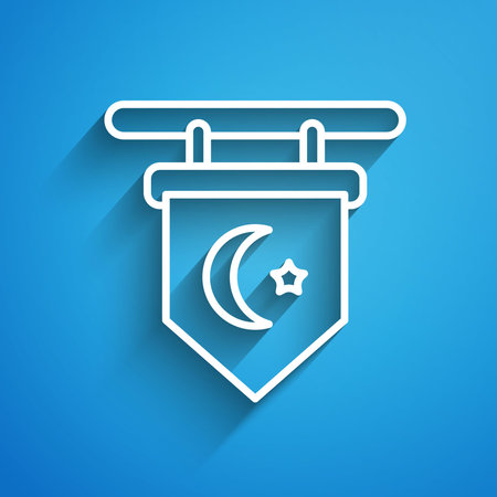 White line Star and crescent - symbol of Islam icon isolated on blue background. Religion symbol. Long shadow. Vectorのイラスト素材