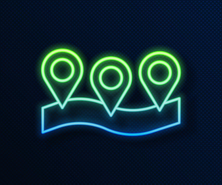 Glowing neon line Map pin icon isolated on blue background. Navigation, pointer, location, map, gps, direction, place, compass, search concept. Vectorのイラスト素材