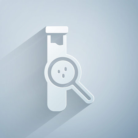 Paper cut Test tube and flask chemical laboratory test icon isolated on grey background. Laboratory glassware sign. Paper art style. Vectorのイラスト素材