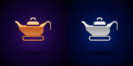 Gold and silver Oil lamp icon isolated on black background. Vector