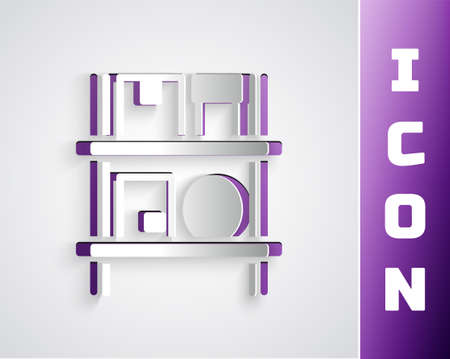 Paper cut Warehouse interior with boxes on racks icon isolated on grey background. Logistics, cargo, parcel storage postal service. Paper art style. Vectorのイラスト素材