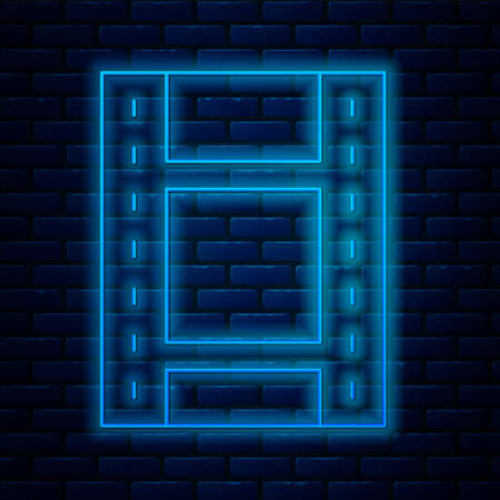 Glowing neon line Play Video icon isolated on brick wall background. Film strip sign. Vectorのイラスト素材