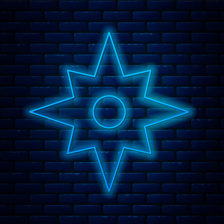 Glowing neon line Wind rose icon isolated on brick wall background. Compass icon for travel. Navigation design. Vectorのイラスト素材