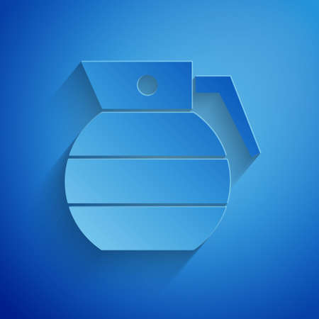 Paper cut Hand grenade icon isolated on blue background. Bomb explosion. Paper art style. Vectorのイラスト素材