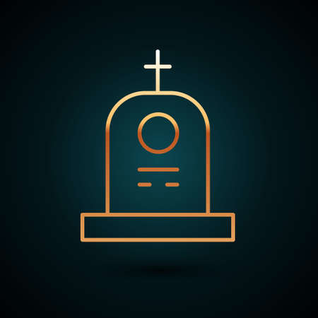 Gold line Grave with tombstone icon isolated on dark blue background. Vectorのイラスト素材