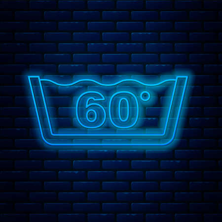 Glowing neon line Washing under 60 degrees celsius icon isolated on brick wall background. Temperature wash. Vectorのイラスト素材