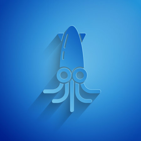 Paper cut Octopus icon isolated on blue background. Paper art style. Vectorのイラスト素材