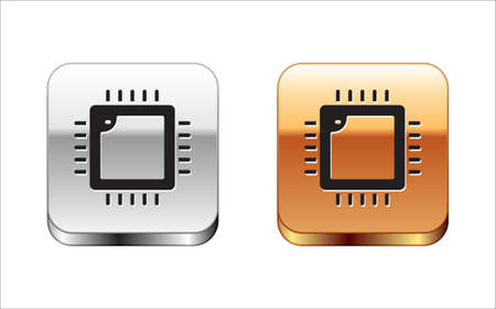 Black Computer processor with microcircuits CPU icon isolated on white background. Chip or cpu with circuit board. Micro processor. Silver-gold square button. Vectorのイラスト素材