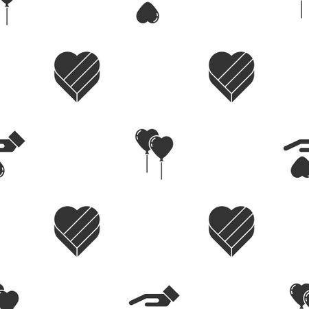 Set Heart in hand, Balloons form of heart and Candy shaped box on seamless pattern. Vectorのイラスト素材