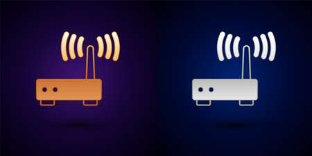 Gold and silver Router and wifi signal icon isolated on black background. Wireless  modem router. Computer technology internet. Vectorのイラスト素材