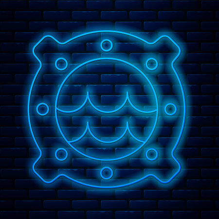 Glowing neon line Ship porthole with rivets and seascape outside icon isolated on brick wall background. Vectorのイラスト素材