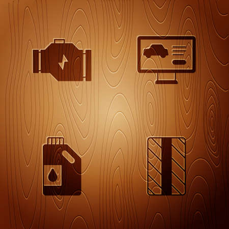 Set Car tire wheel, Check engine, Canister for motor oil and Diagnostics condition of car on wooden background. Vectorのイラスト素材