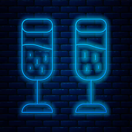 Glowing neon line Glass of champagne icon isolated on brick wall background. Merry Christmas and Happy New Year. Vectorのイラスト素材