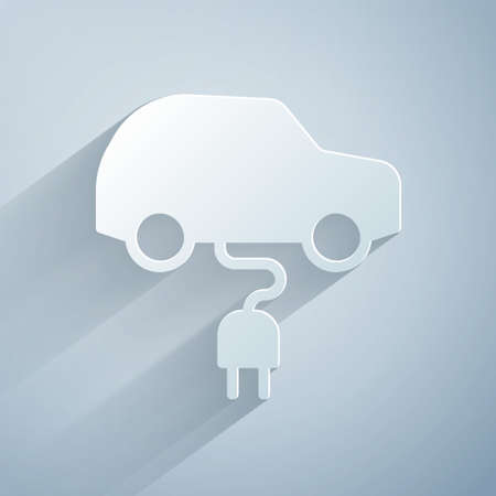 Paper cut Electric car and electrical cable plug charging icon isolated on grey background. Renewable eco technologies. Paper art style. Vectorのイラスト素材