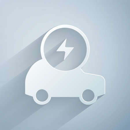 Paper cut Electric car and electrical cable plug charging icon isolated on grey background. Renewable eco technologies. Paper art style. Vectorのイラスト素材