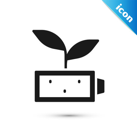 Grey Eco nature leaf and battery icon isolated on white background. Energy based on ecology saving concept. Vectorのイラスト素材