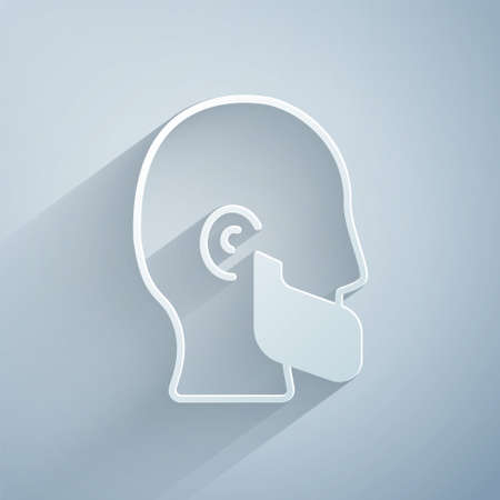 Paper cut Mustache and beard icon isolated on grey background. Barbershop symbol. Facial hair style. Paper art style. Vectorのイラスト素材