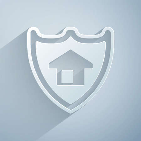 Paper cut House with shield icon isolated on grey background. Insurance concept. Security, safety, protection, protect concept. Paper art style. Vectorのイラスト素材
