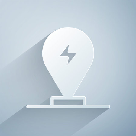 Paper cut Charging parking electric car icon isolated on grey background. Paper art style. Vectorのイラスト素材