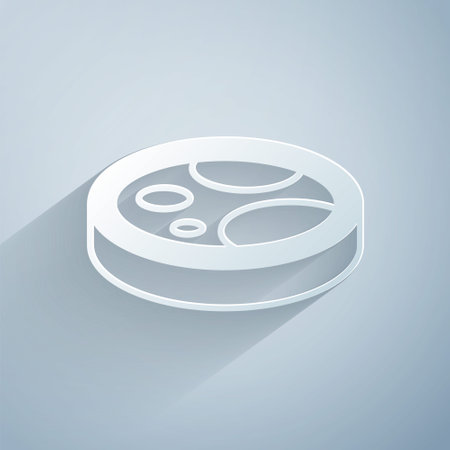 Paper cut Petri dish with bacteria icon isolated on grey background. Paper art style. Vectorのイラスト素材