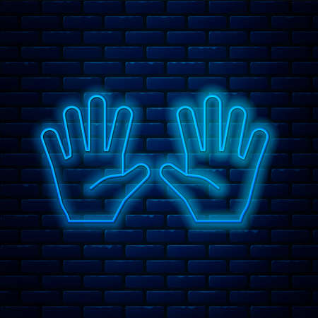 Glowing neon line Medical rubber gloves icon isolated on brick wall background. Protective rubber gloves. Vectorのイラスト素材
