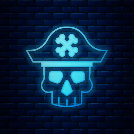Glowing neon Pirate captain icon isolated on brick wall background. Vectorのイラスト素材