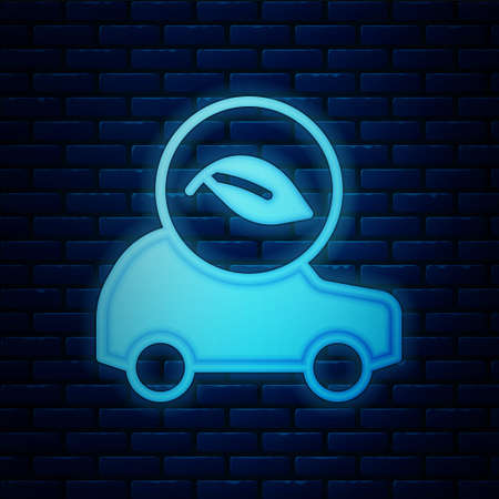 Glowing neon Eco car concept drive with leaf icon isolated on brick wall background. Green energy car symbol. Vectorのイラスト素材