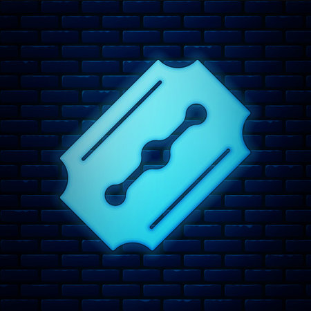 Glowing neon Blade razor icon isolated on brick wall background. Vectorのイラスト素材