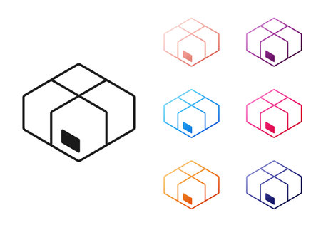 Black Carton cardboard box icon isolated on white background. Box, package, parcel sign. Delivery and packaging. Set icons colorful. Vectorのイラスト素材