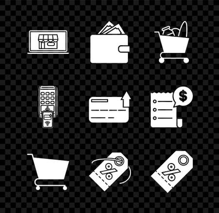 Set Shopping building on screen laptop, cart and food, Discount percent tag, POS terminal printed reciept confirms the payment by smartphone and Credit card icon. Vectorのイラスト素材