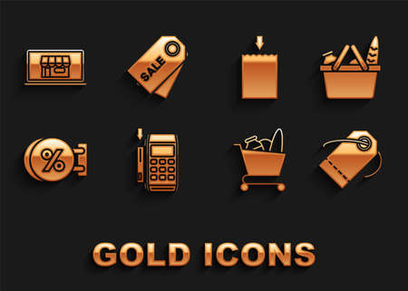 Set Pos terminal with inserted credit card, Blank label template price tag, cart, Signboard hanging inscription discount percent, Paper shopping bag, building screen laptop and Price Sale icon. Vectorのイラスト素材