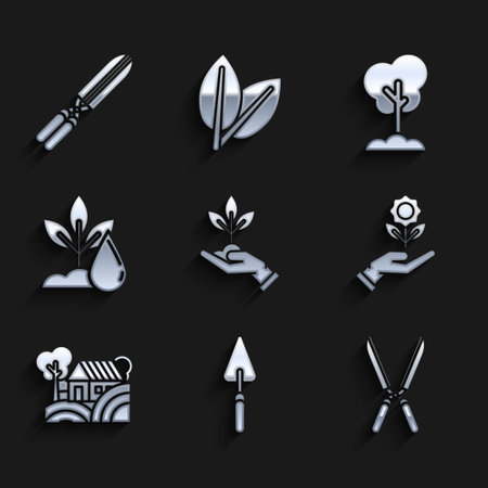 Set Plant in hand of environmental protection, Gardening handmade scissors for trimming, Hand holding flower, Farm House concept, Watering plant, Tree the ground and icon. Vectorのイラスト素材
