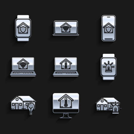 Set Laptop with house temperature, Computer monitor, Smart and alarm, watch smart, light bulb, home wifi, Mobile phone under protection and icon. Vectorのイラスト素材
