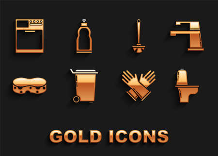 Set Trash can, Water tap, Toilet bowl, Rubber gloves, Sponge, brush, Washer and Plastic bottles for liquid dishwashing liquid icon. Vectorのイラスト素材