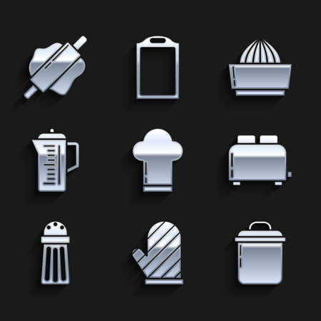 Set Chef hat, Oven glove, Cooking pot, Toaster with toasts, Salt, Teapot, Citrus fruit juicer and Rolling pin icon. Vectorのイラスト素材