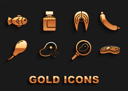 Set Fresh frozen steak meat, Sausage, Steak, in frying pan, Chicken leg, Fish, and Sauce bottle icon. Vectorのイラスト素材