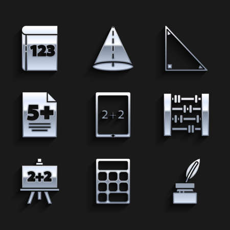 Set Tablet with calculator, Calculator, Feather and inkwell, Abacus, Chalkboard, Test exam sheet, Triangle math and Book word mathematics icon. Vectorのイラスト素材