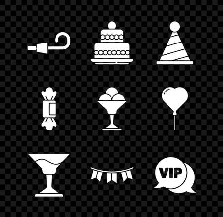 Set Birthday party horn, Cake, Party hat, Cocktail, Carnival garland with flags, Vip in speech bubble, Candy and Ice cream bowl icon. Vectorのイラスト素材