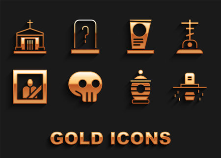 Set Skull, Grave with cross, coffin, Funeral urn, Mourning photo frame, tombstone, Old crypt and icon. Vectorのイラスト素材
