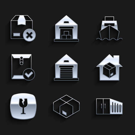 Set Warehouse, Carton cardboard box, Container, Home delivery services, Fragile broken glass, Envelope and check mark, Cargo ship with boxes and icon. Vectorのイラスト素材
