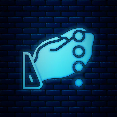 Glowing neon Hands in praying position with rosary icon isolated on brick wall background. Praying hand islam muslim religion spirituality religious. Vectorのイラスト素材