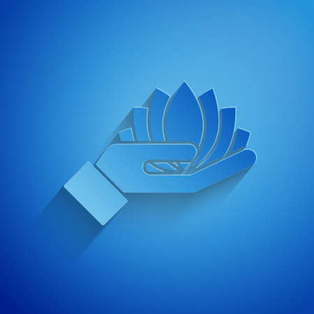 Paper cut Lotus flower icon isolated on blue background. Paper art style. Vectorのイラスト素材
