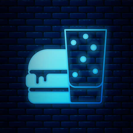 Glowing neon Burger icon isolated on brick wall background. Hamburger icon. Cheeseburger sign. Fast food menu. Vectorのイラスト素材