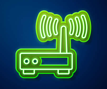 Glowing neon line Router and wifi signal icon isolated on blue background. Wireless modem router. Computer technology internet. Vectorのイラスト素材