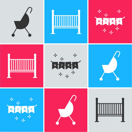 Set Baby stroller, Baby crib cradle bed and Carnival garland with flags icon. Vectorのイラスト素材