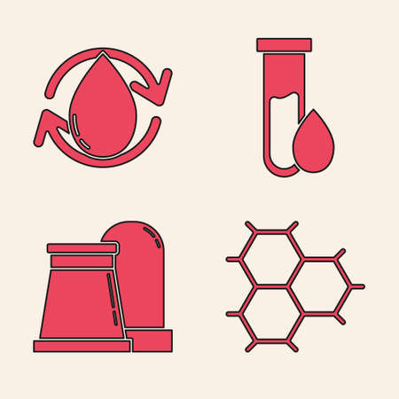 Set Chemical formula consisting of benzene rings, Oil drop, Oil petrol test tube and Oil and gas industrial factory building icon. Vectorのイラスト素材