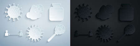 Set Virus, Medicine bottle and pills, Safe distance, under magnifying glass, Runny nose virus and icon. Vectorのイラスト素材